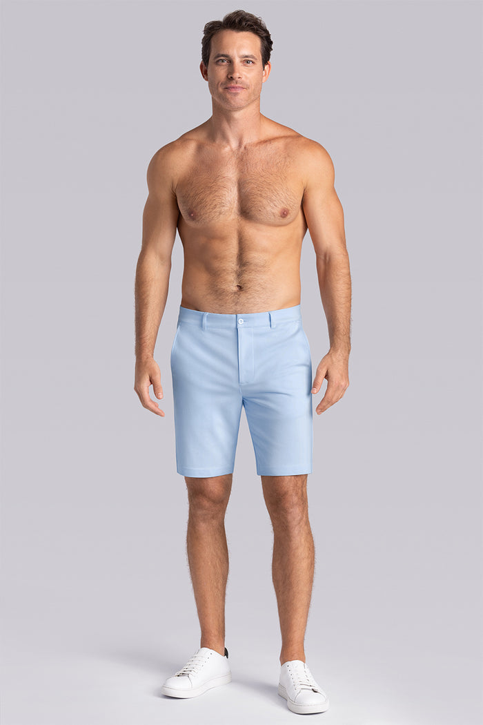Model wearing Vision Airy Blue Icy Cotton® mid rise shorts.