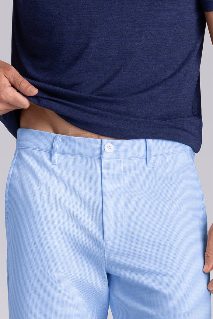 Model wearing Vision Light Blue Icy Cotton® mid rise shorts.
