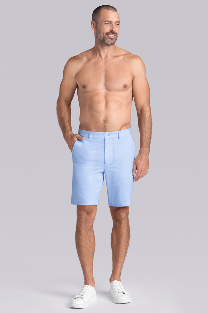Model wearing Vision Light Blue Icy Cotton® mid rise shorts.