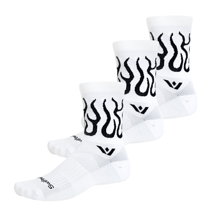 Three Swiftwick Vision Mid-Crew Flames Socks on a white background