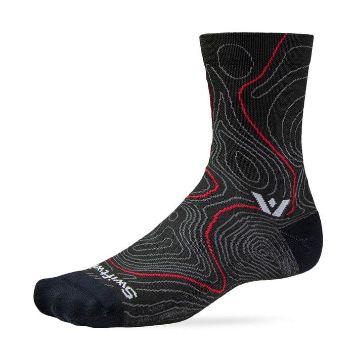 Black crew sock with red and gray topographic pattern