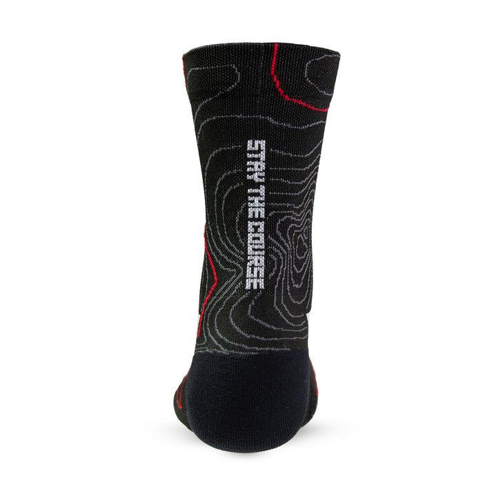 Black crew sock with red and gray topographic pattern and Stay The Course text on the back