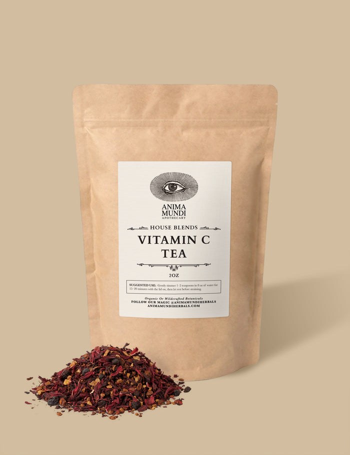 Vitamin C tea package with loose tea on a beige background