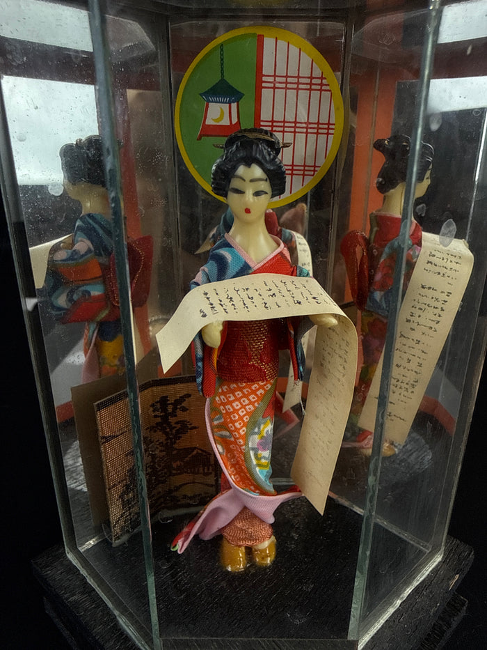 VTG 1960 Geisha Doll Kimono Clear Glass Display Case