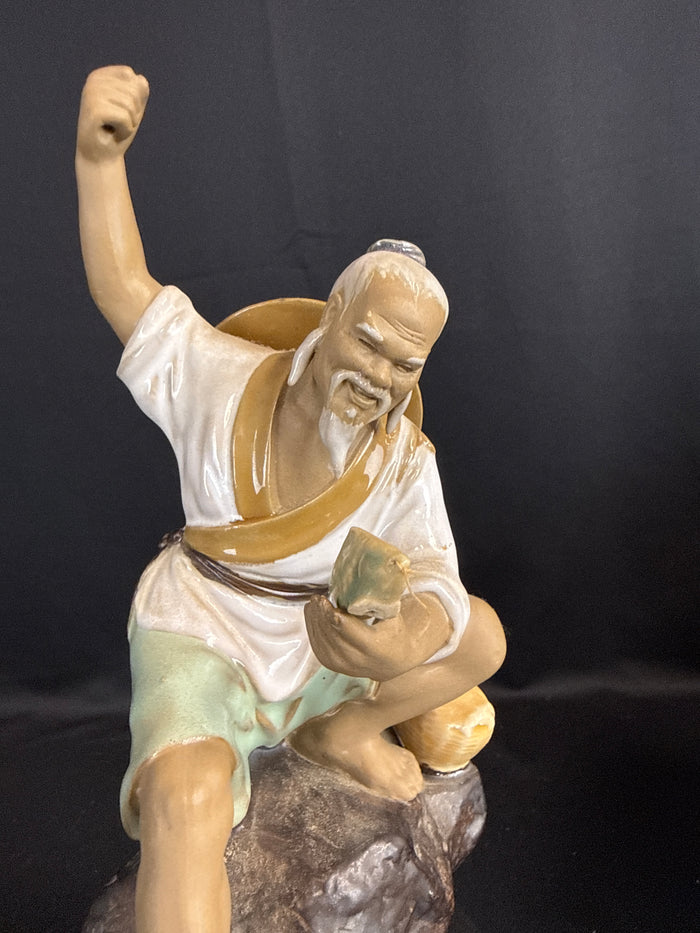 VTG Chinese Mudman Fisherman Figurine w/Pole and Fish
