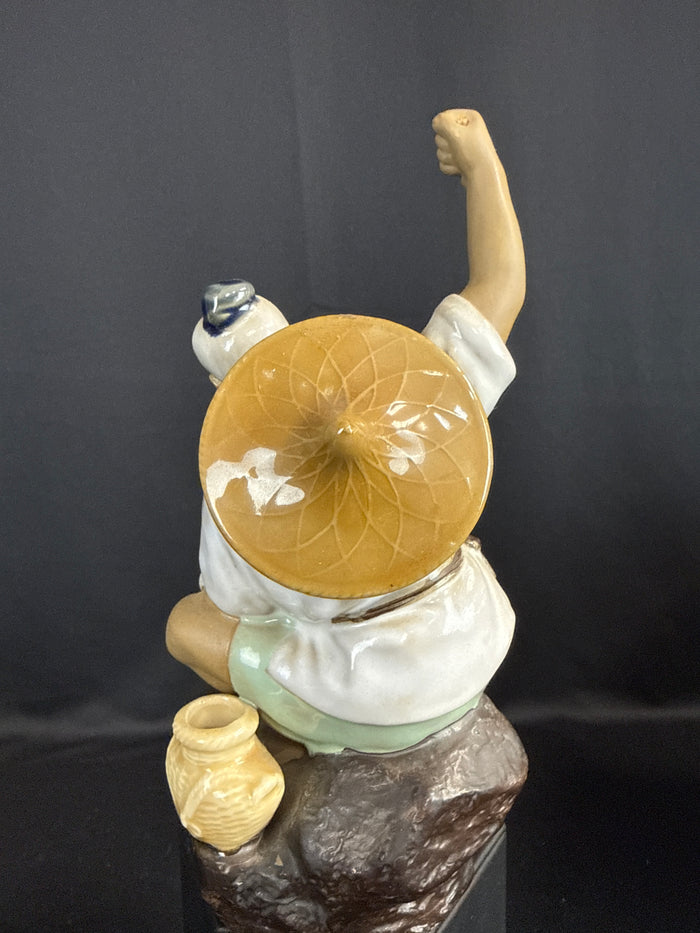 VTG Chinese Mudman Fisherman Figurine w/Pole and Fish