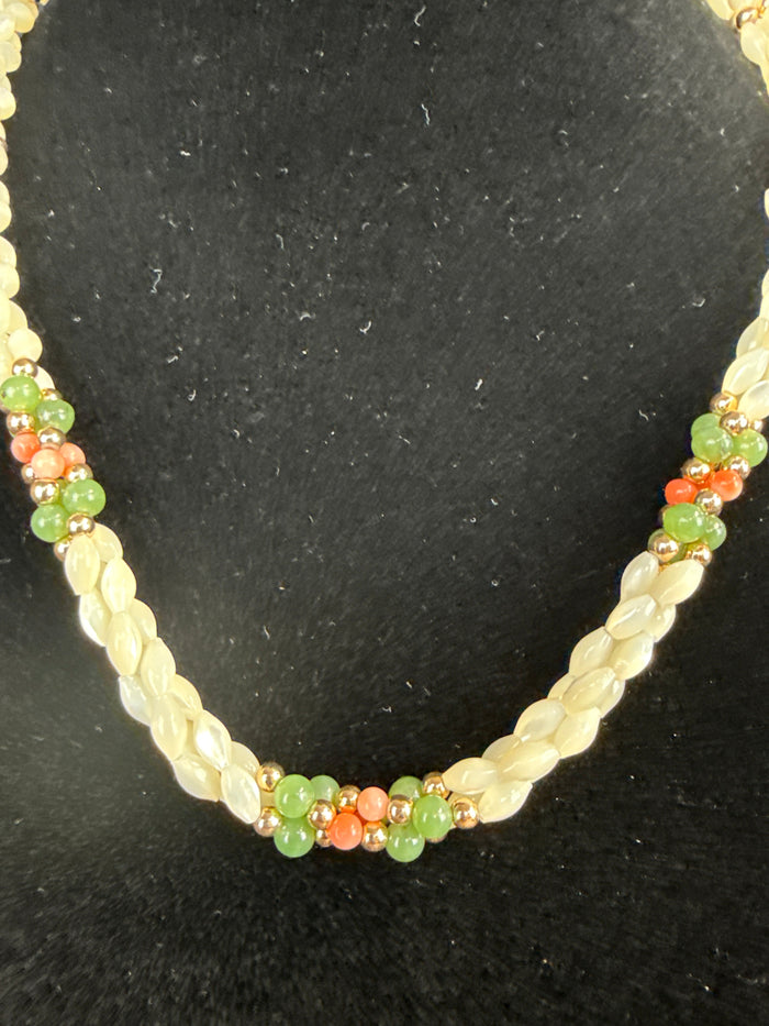 VTG. Mother of Pearl/Coral/Jade Necklace