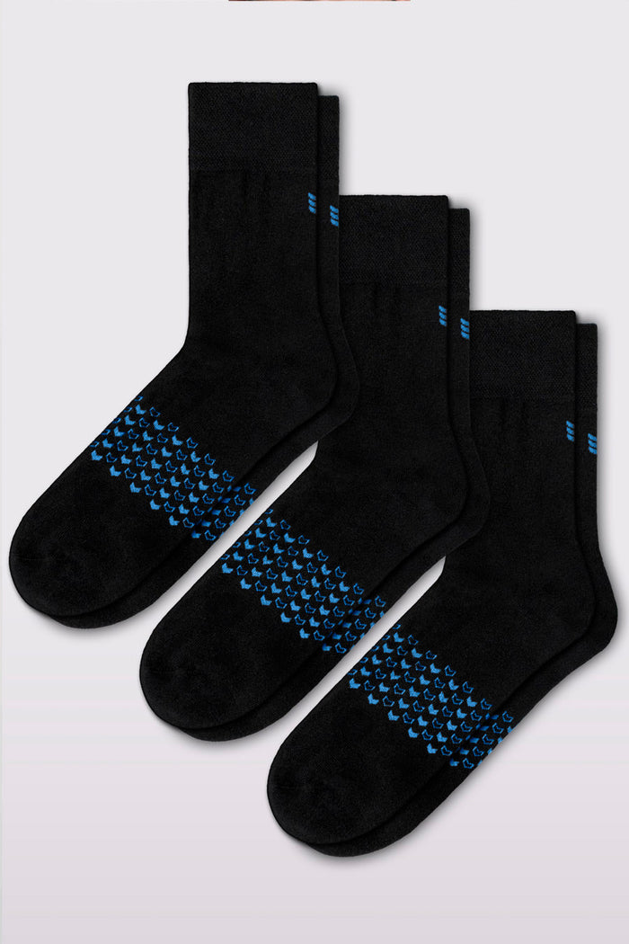 Model showcasing Walk This Way Socks Black Cyan comfortable socks ultra soft breathable long fiber cotton