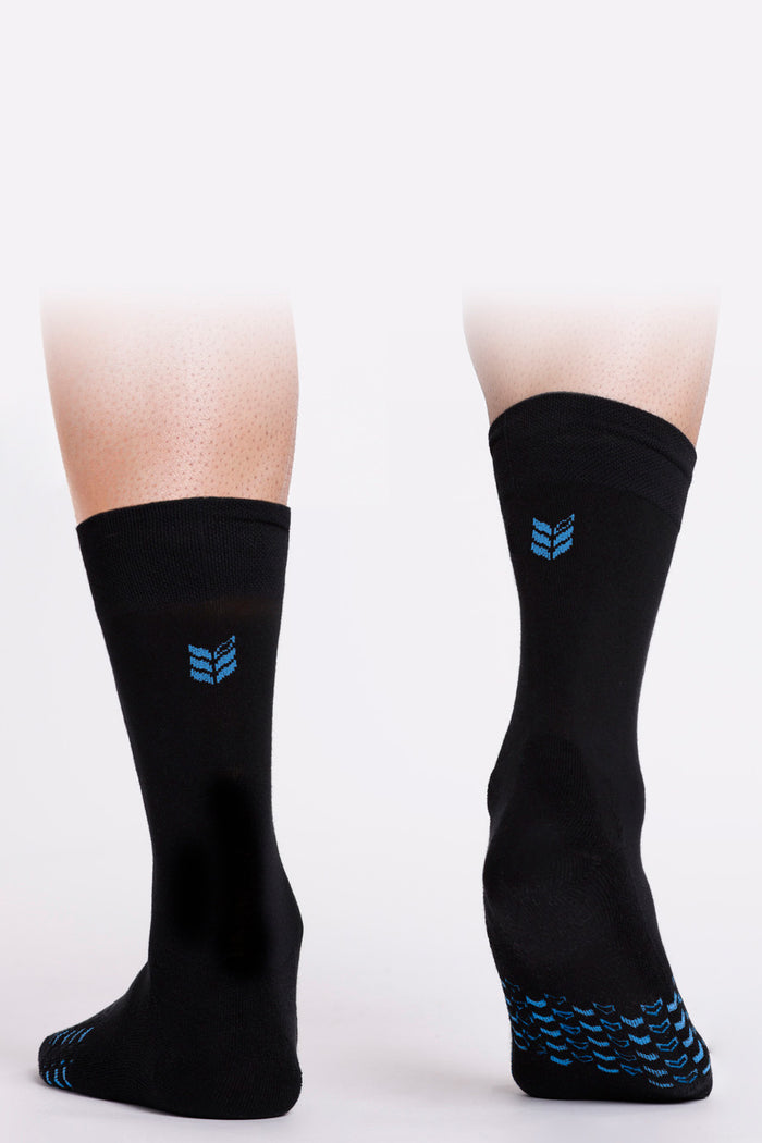 Model showcasing Walk This Way Socks Black Cyan comfortable socks ultra soft breathable long fiber cotton