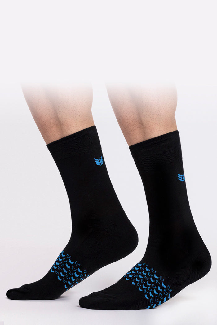 Model showcasing Walk This Way Socks Black Cyan comfortable socks ultra soft breathable long fiber cotton
