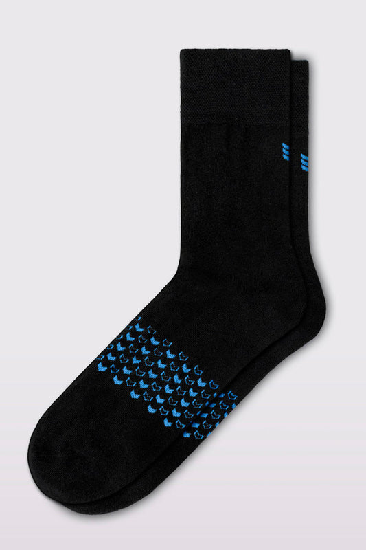 Model showcasing Walk This Way Socks Black Cyan comfortable socks ultra soft breathable long fiber cotton