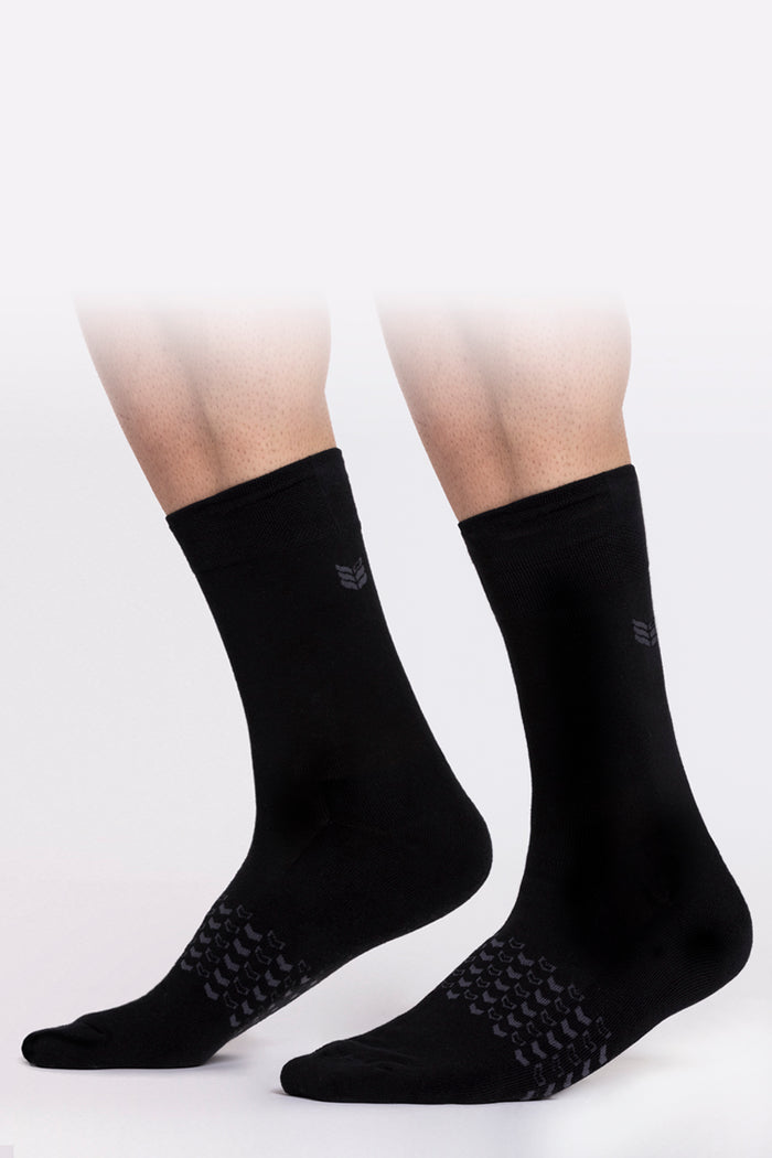 Model showcasing Walk This Way Socks Black comfortable socks ultra soft breathable long fiber cotton