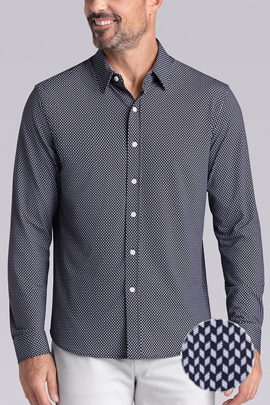 Model wearing Wavelength Black 6-WayKnit® long sleeve shirt classic collar, styled with white pants.