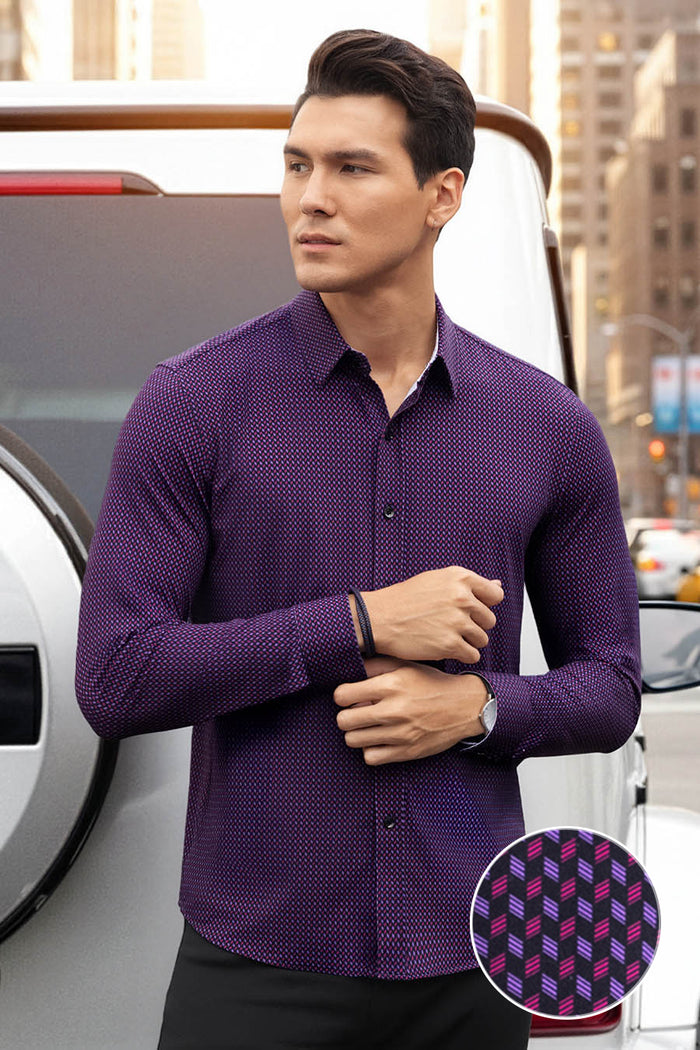 Model wearing Wavelength Dark Plum 6-WayKnit® long sleeve shirt classic collar, styled with black pants.