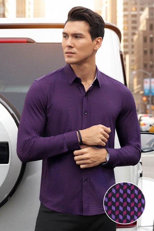 Model wearing Wavelength Dark Plum 6-WayKnit® long sleeve shirt classic collar, styled with black pants.