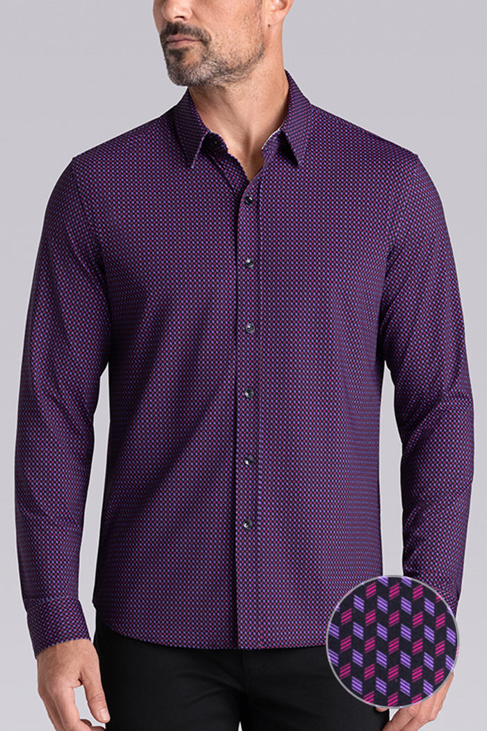 Model wearing Wavelength Dark Plum 6-WayKnit® long sleeve shirt classic collar, styled with black pants.