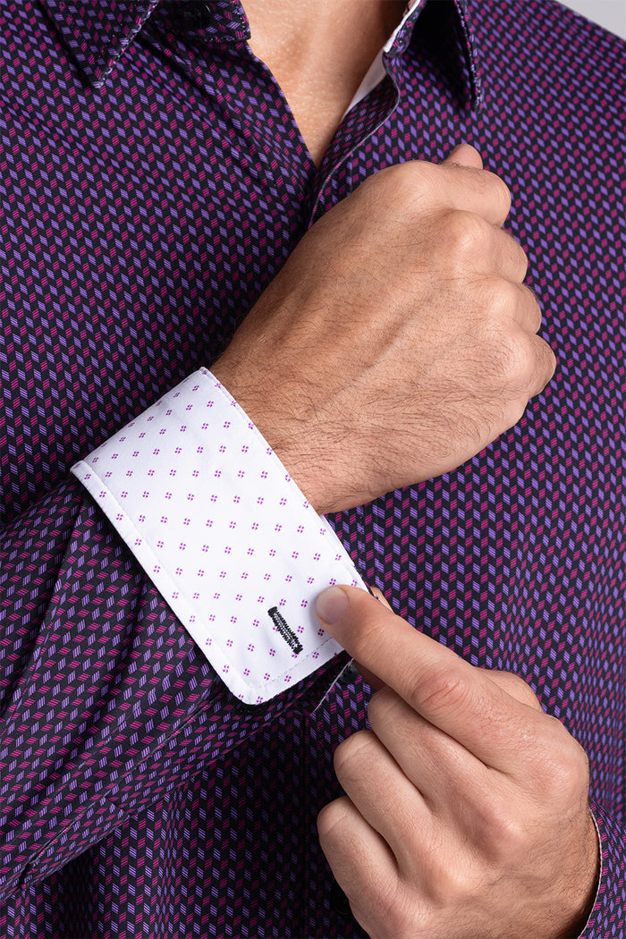 Model wearing Wavelength Dark Plum 6-WayKnit® long sleeve shirt classic collar, styled with black pants.
