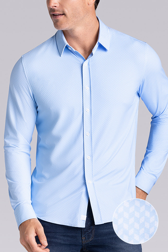 Model wearing Wavelength Light Blue 6-WayKnit® long sleeve shirt classic collar, styled with navy pants.