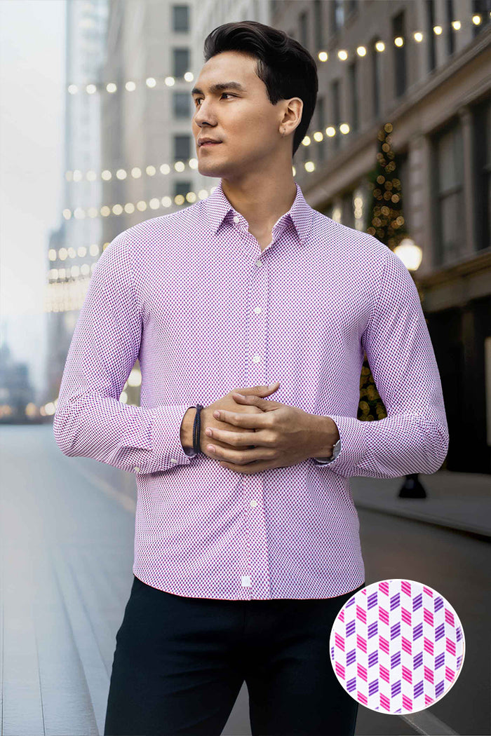 Model wearing Wavelength Magenta 6-WayKnit® long sleeve shirt classic collar, styled with black pants.