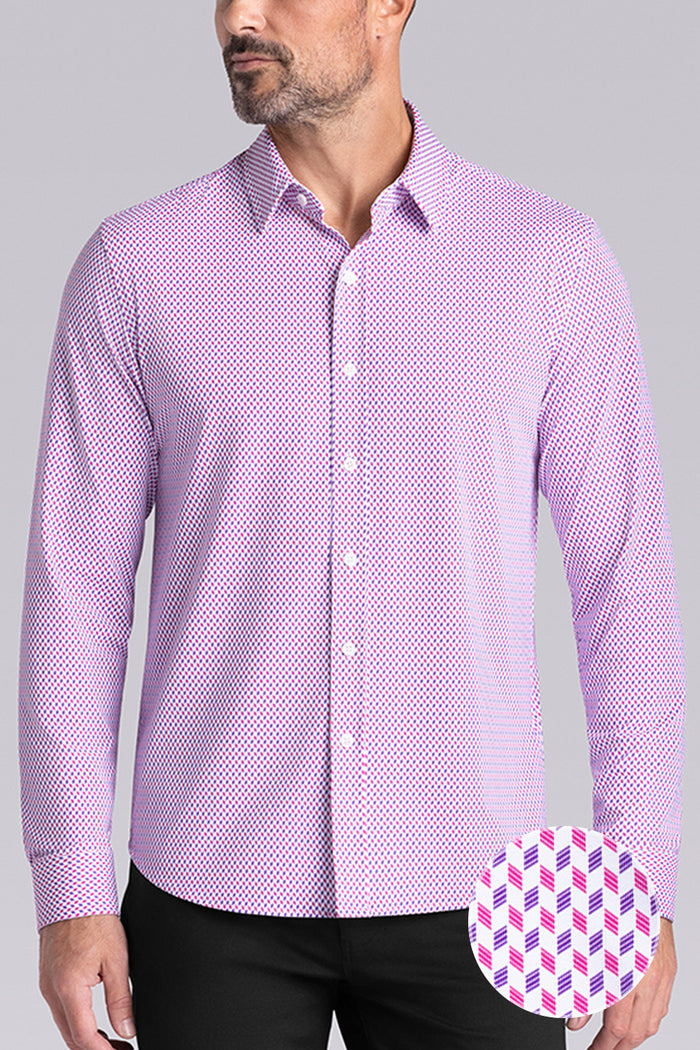 Model wearing Wavelength Magenta 6-WayKnit® long sleeve shirt classic collar, styled with black pants.