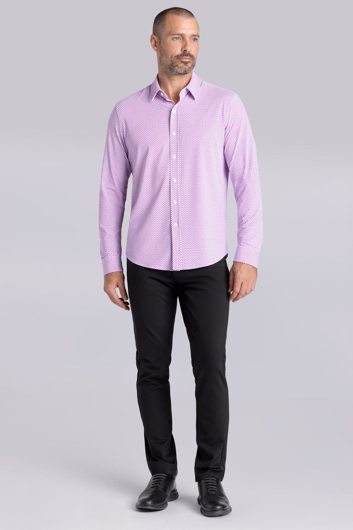 Model wearing Wavelength Magenta 6-WayKnit® long sleeve shirt classic collar, styled with black pants.