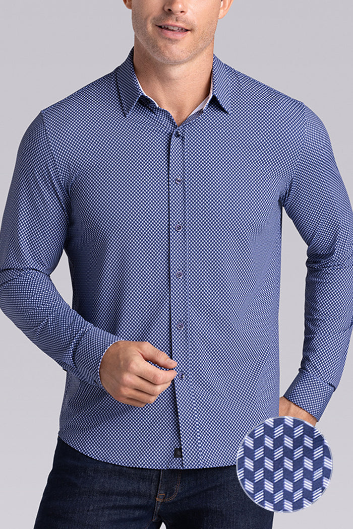 Model wearing Wavelength Navy 6-WayKnit® long sleeve shirt classic collar, styled with black pants.