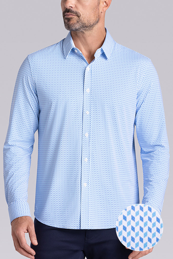 Model wearing Wavelength Ocean Blue 6-WayKnit® long sleeve shirt classic collar, styled with black pants.