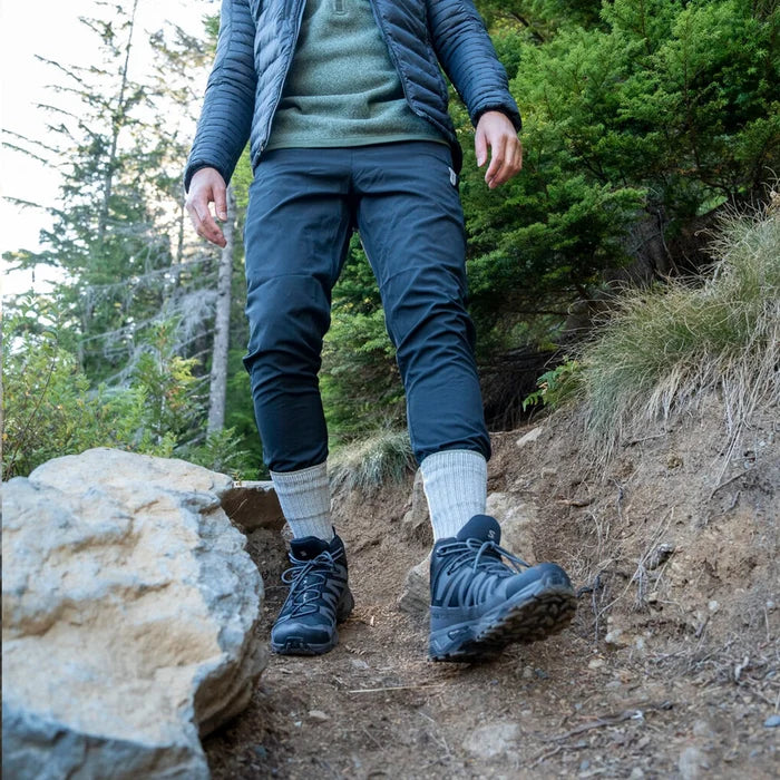 Fox River Backcountry lightweight hiking socks in neutral tones, featuring reinforced heel and toe, ribbed arch support, and breathable mesh panels—ideal for outdoor adventures.