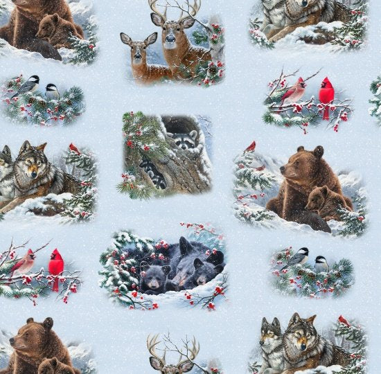 Winter Companions in Snow, Allover Animals Fabric by Elizabeth's Studio, Quilting Fabric