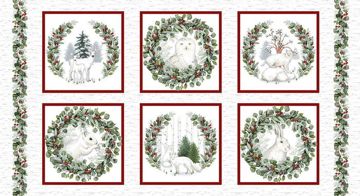 Winter White Panel 24" x 44", Fabric by Studio E, Animal Blocks, Quilting Fabric