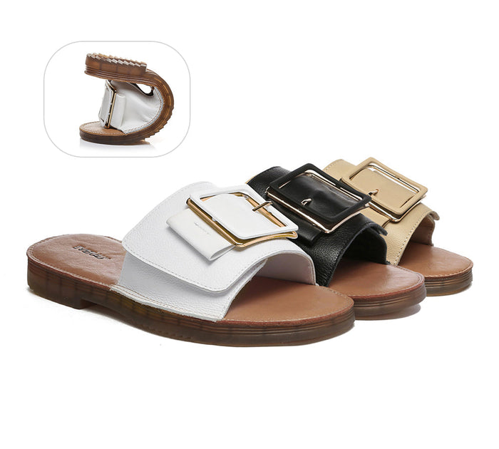 Slides - EVERAU® Women Leather Buckle Adjustable Ultra Soft Flat Slides Bera