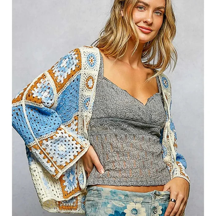 Women's Front Tie Crochet Cardigan in Blue Multi