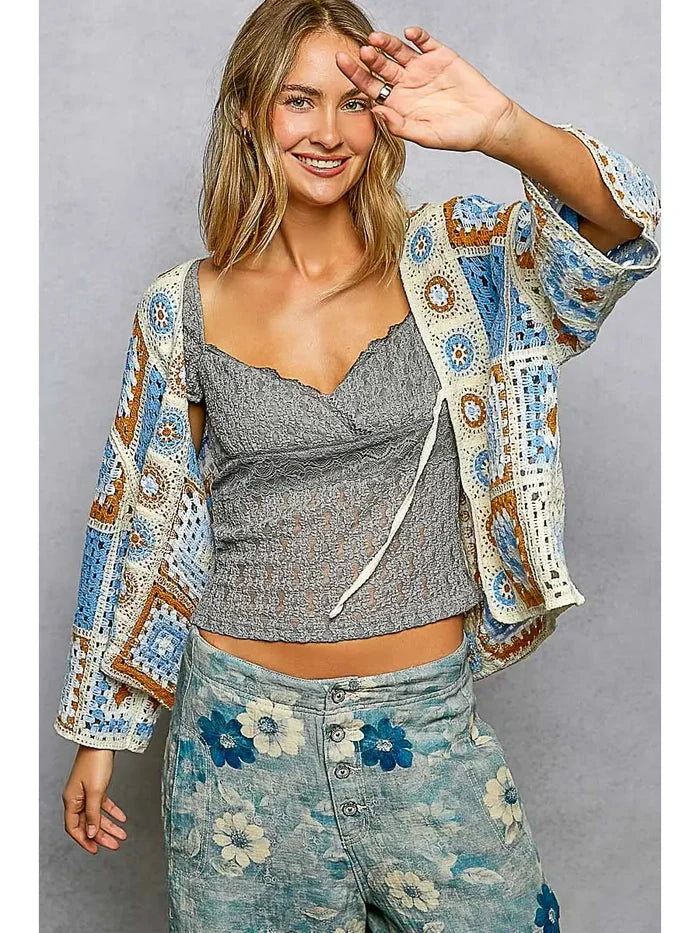 Women's Front Tie Crochet Cardigan in Blue Multi