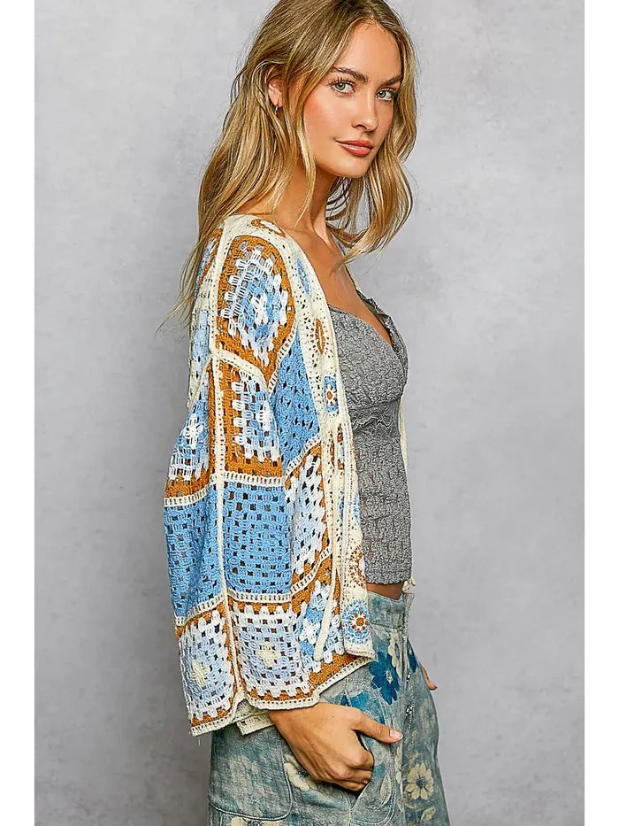 Women's Front Tie Crochet Cardigan in Blue Multi