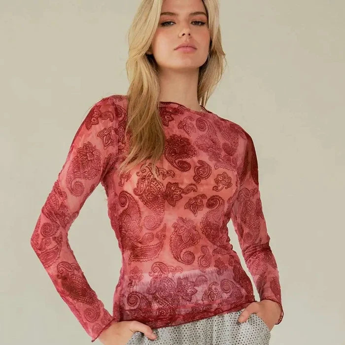 Women's L/S Sheer Paisley Mesh Top in Wine (Available in Plus Sizes)