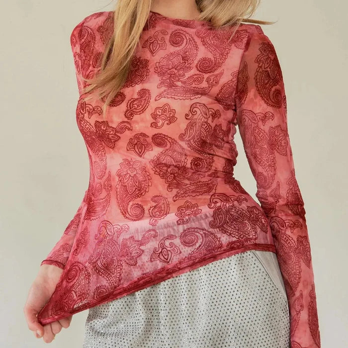Women's L/S Sheer Paisley Mesh Top in Wine (Available in Plus Sizes)