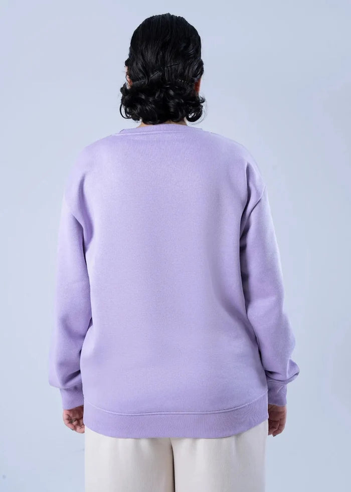Women's lilac winter sweatshirt, back view with crew neck and ribbed cuffs