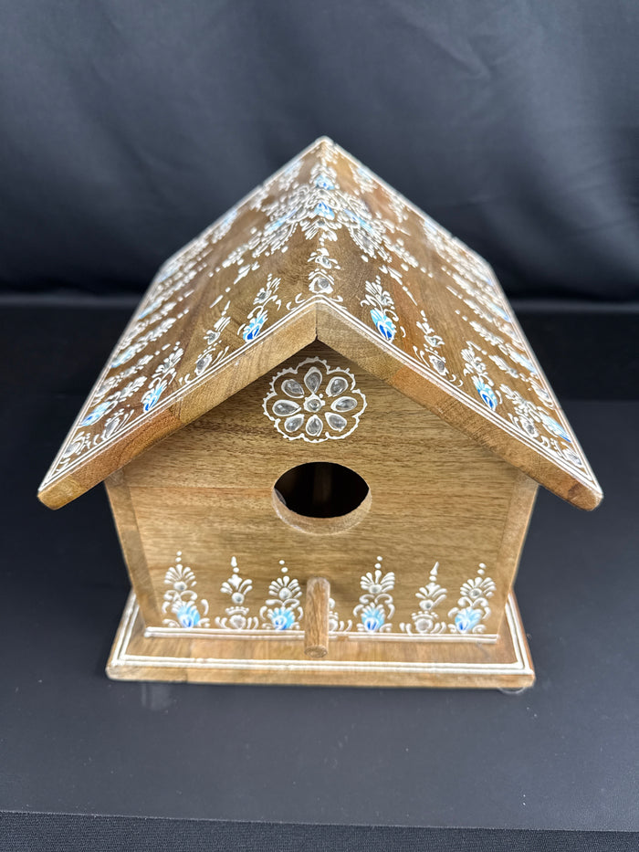 Wooden Birdhouse Blue White Floral Motif Rhinestones