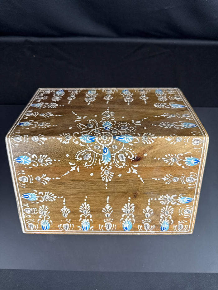 Wooden Birdhouse Blue White Floral Motif Rhinestones