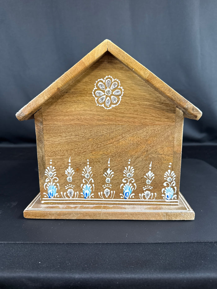 Wooden Birdhouse Blue White Floral Motif Rhinestones