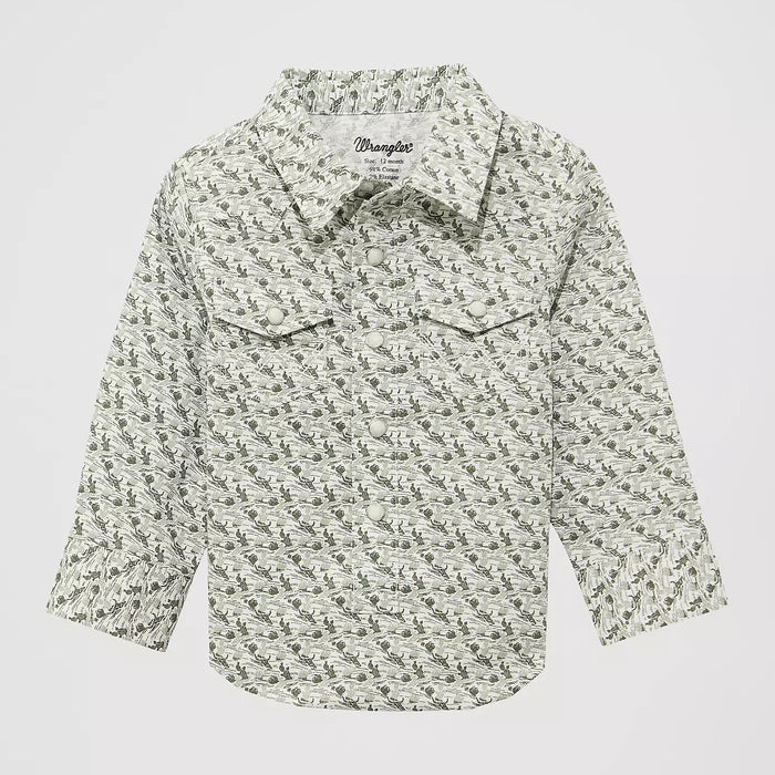 Wrangler Baby & Toddler Boy's L/S Print Western Snap Shirt in Olive Cacti