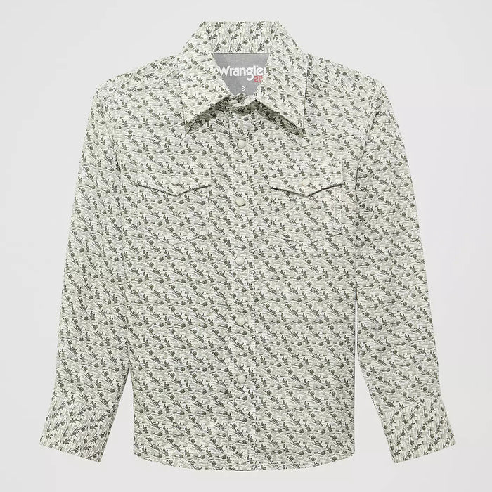 Wrangler Boy's 20X Advanced Comfort L/S Western Snap Shirt in Olive Cacti