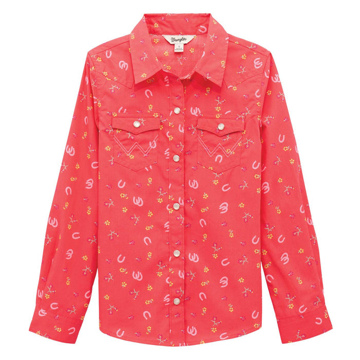 Wrangler Girl's L/S Floral Western Snap Shirt in Pink