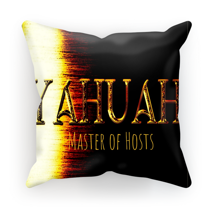 Front studio shot of the Yahuah: Master of Hosts cushion cover, featuring high-contrast gold metallic text over a deep black canvas.