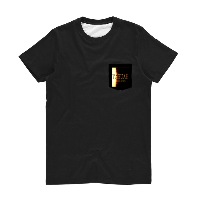 Product flat lay of the black Yahuah Master of Hosts unisex classic sublimation pocket t-shirt showing the detailed gold print on the front pocket.