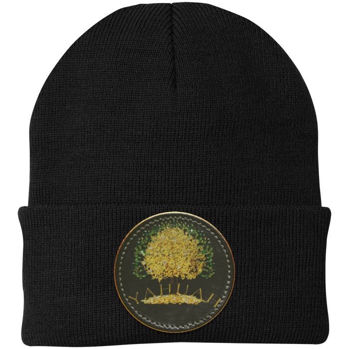 Black knit beanie with a leather patch featuring the gold Yahuah Tree of Life (03) design