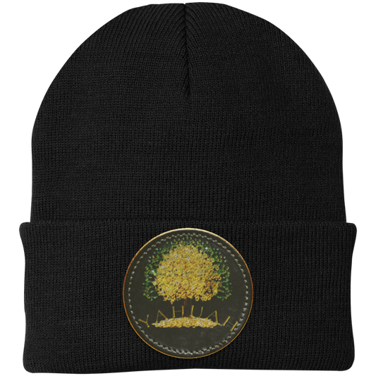 Black knit beanie with a leather patch featuring the gold Yahuah Tree of Life (03) design