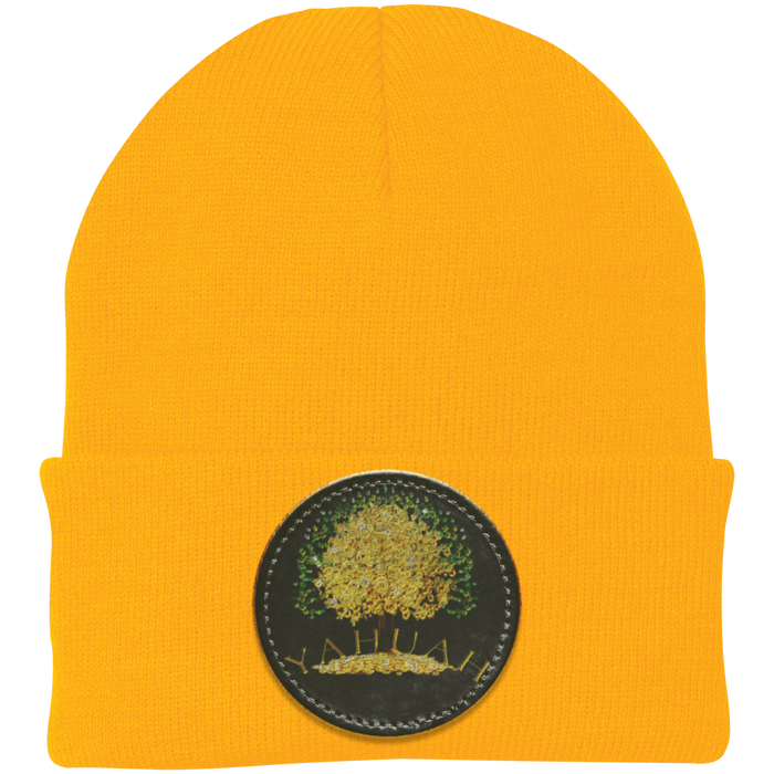 Gold knit beanie with a leather patch featuring the gold Yahuah Tree of Life (03) design