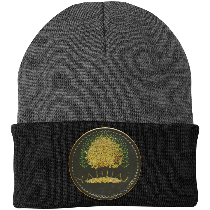 Gray+Black knit beanie with a leather patch featuring the gold Yahuah Tree of Life (03) design