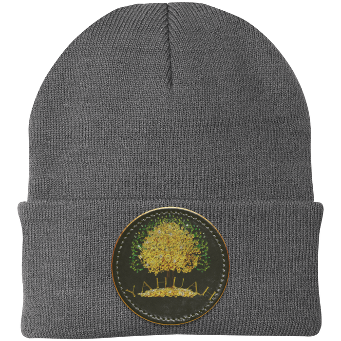 Gray knit beanie with a leather patch featuring the gold Yahuah Tree of Life (03) design